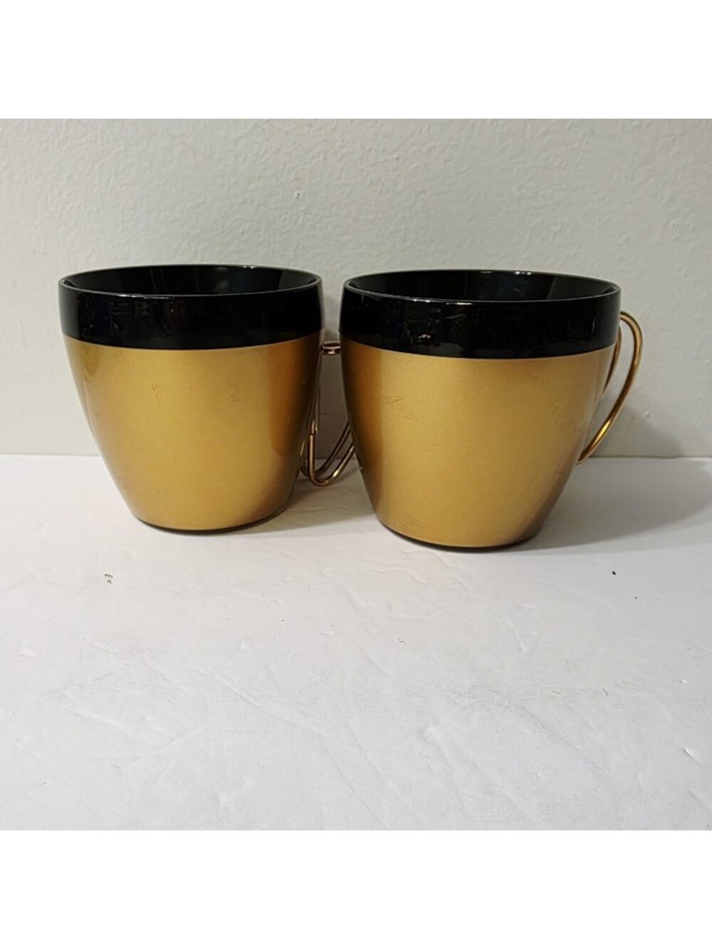 2 Vtg 60's Thermo Serv Black Rim Gold Handle Coffee Cup Mug MCM Atomic Regency